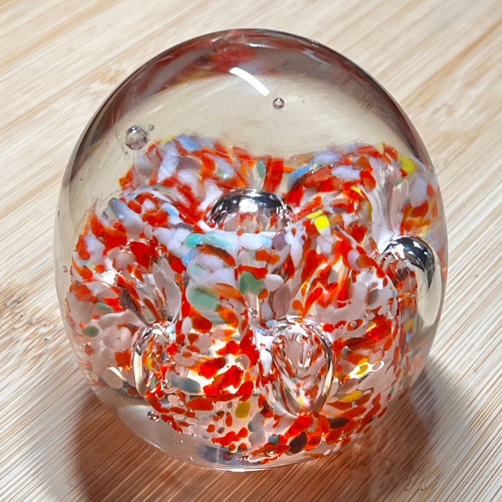 VTG Art Glass Paperweight Controlled Bubbles Flower Orange White Confetti Look